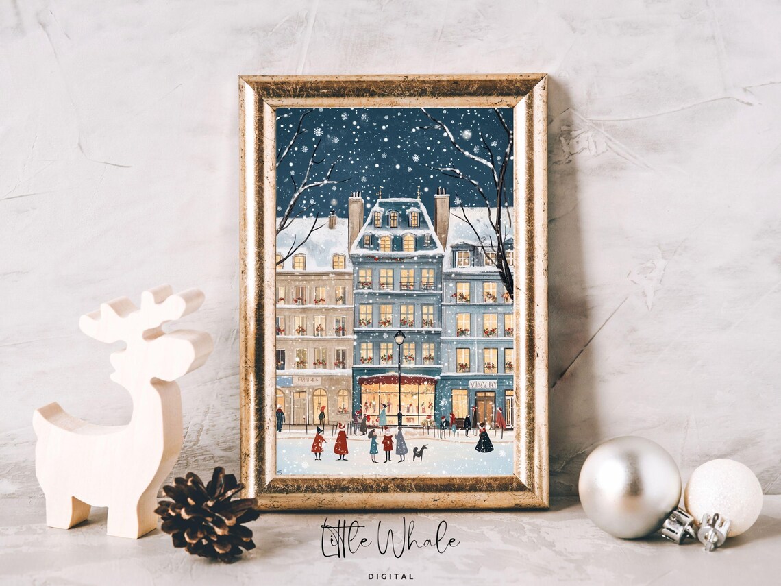 Retro Parisian Street In Snow At Night Vintage Winter City Poster - Image 2