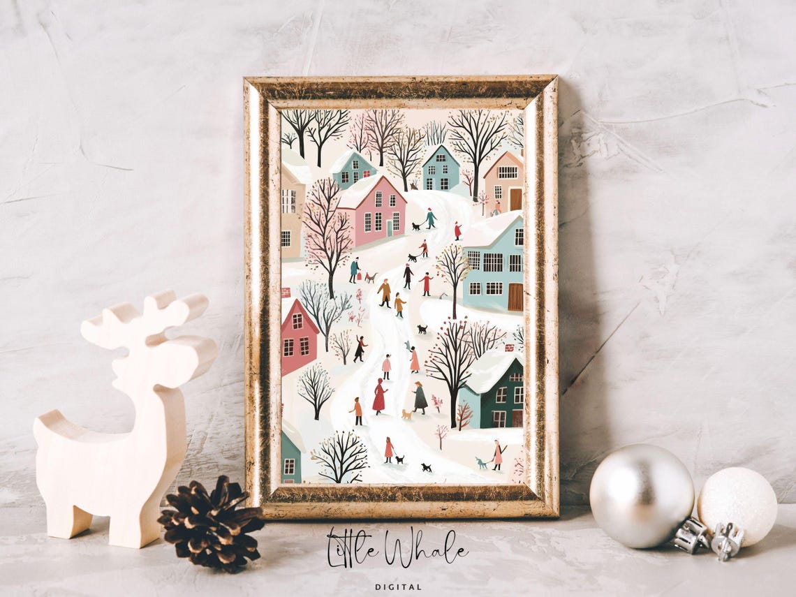 Pastel Snowy Village Aerial With Villagers Winter Stroll Poster