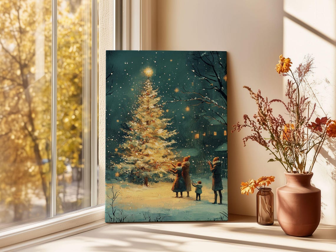 Family Gathered Around A Glowing Christmas Tree Snowy Night Poster - Image 3