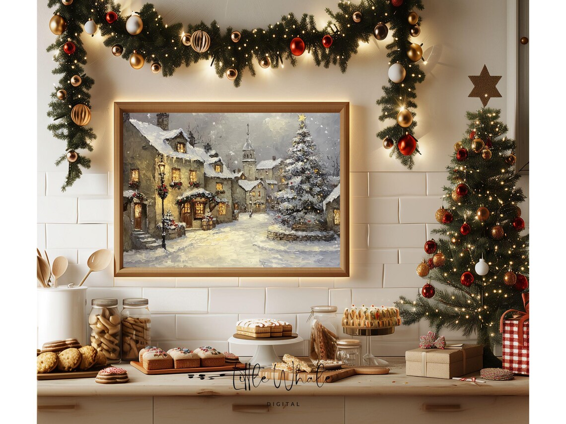 Snowy Stone Village with Church and Christmas Tree Oil Painting Poster - Image 3