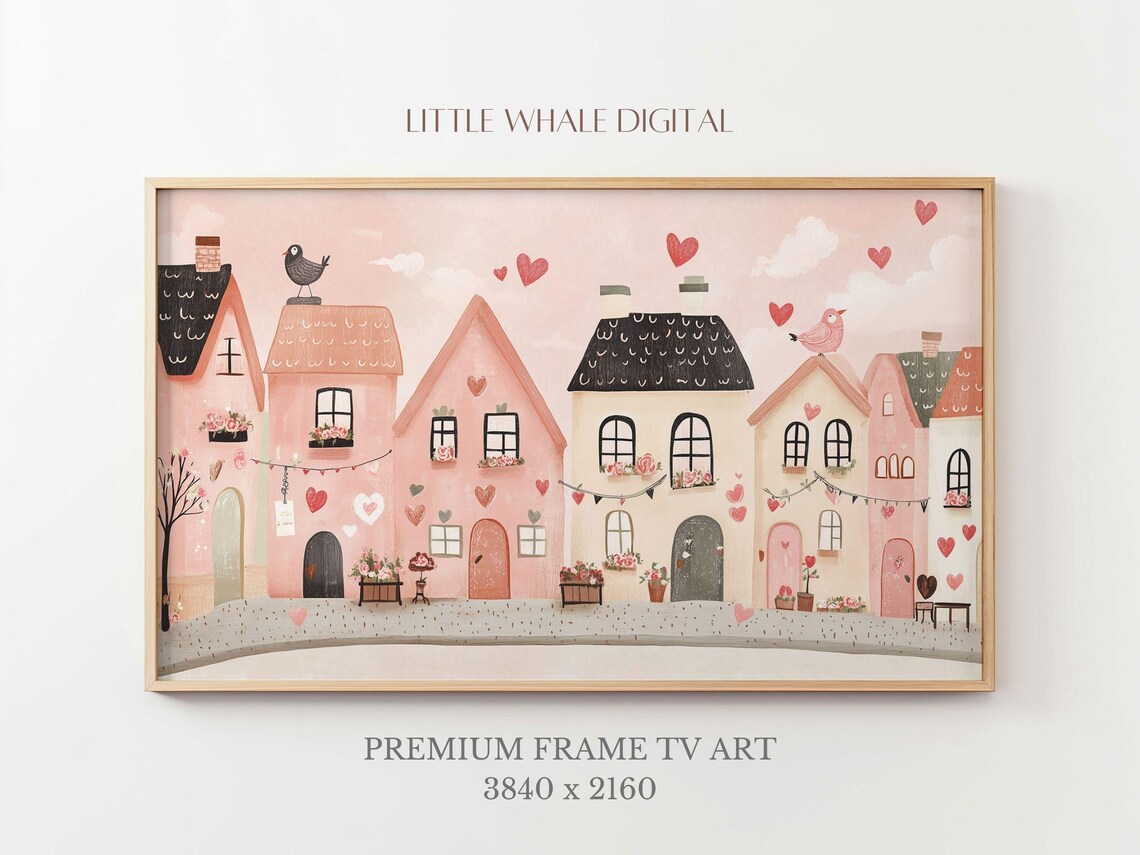 Pink Valentine's Town Houses Heart Garlands Charming Street Poster