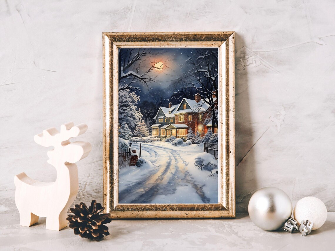 Moonlit Snowy Street with Glowing Houses Winter Night Art Print - Image 3