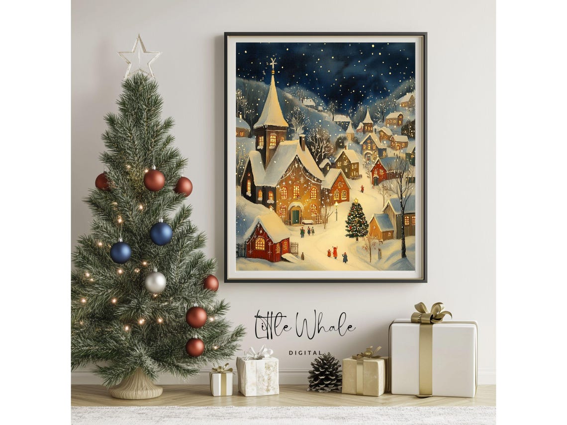 Christmas Village Night Scene with Church and Starlit Tree Poster - Image 3