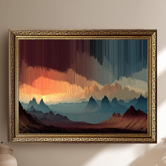 Abstract Mountain Landscape Canvas Wall Art With Surreal Sunset Sky Modern Painting Print For Contemporary Home Decor