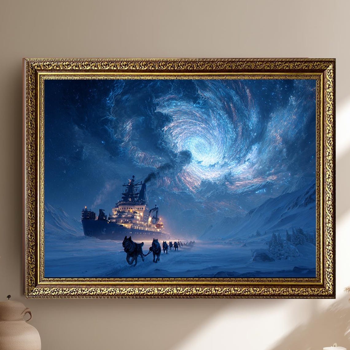 Arctic Icebreaker Ship Sled Dogs Cosmic Vortex Night Sky Poster