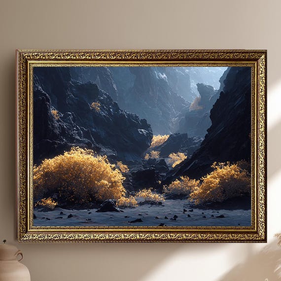 Golden Bushes In Dark Canyon Canvas Wall Art Fantasy Landscape With Rocky Cliffs And Dramatic Light Nature Decor