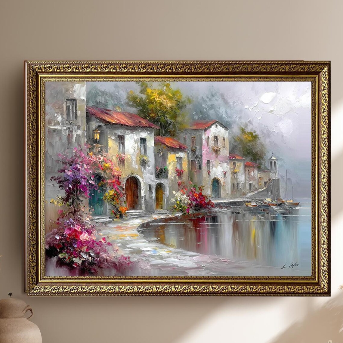 Mediterranean Coastal Village Houses Waterfront Oil Painting Poster