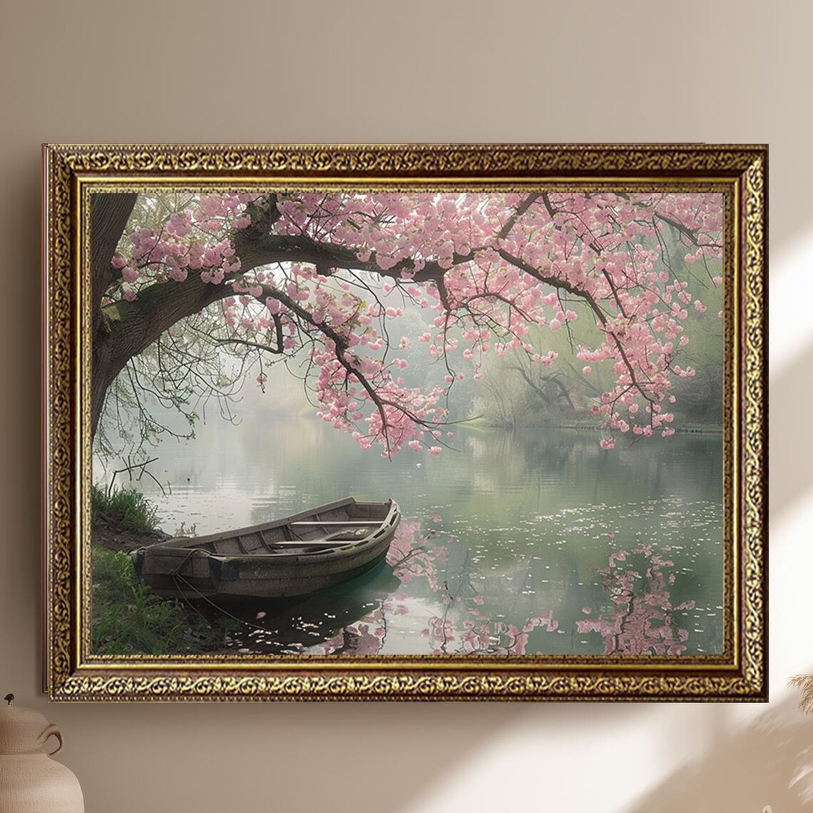 Cherry Blossom Tree and Wooden Boat Misty Lake Morning Print