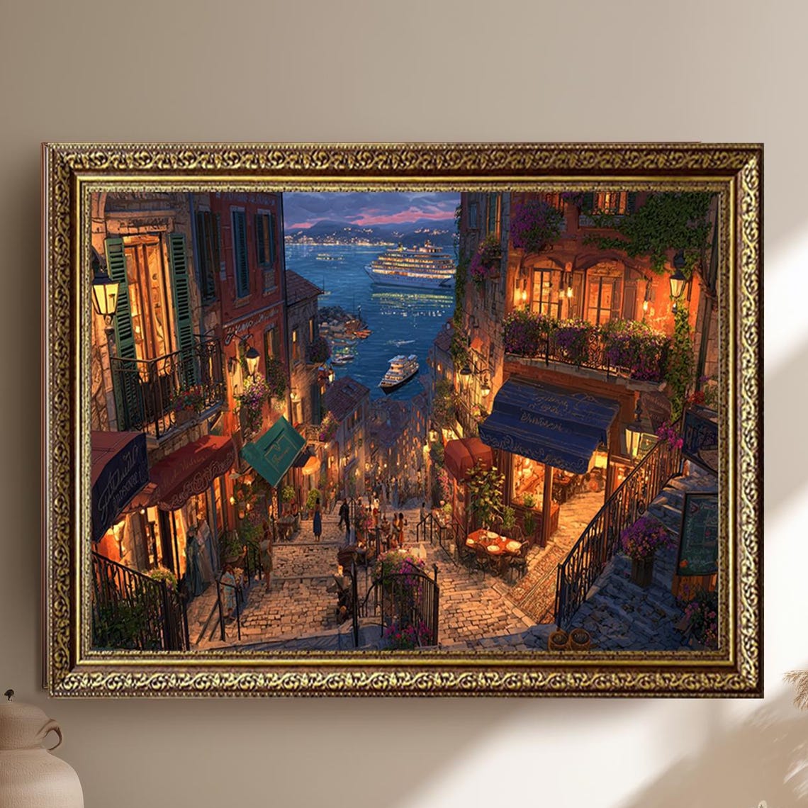 Mediterranean Harbor Town Evening Lights Cruise Ship Canvas Wall Art