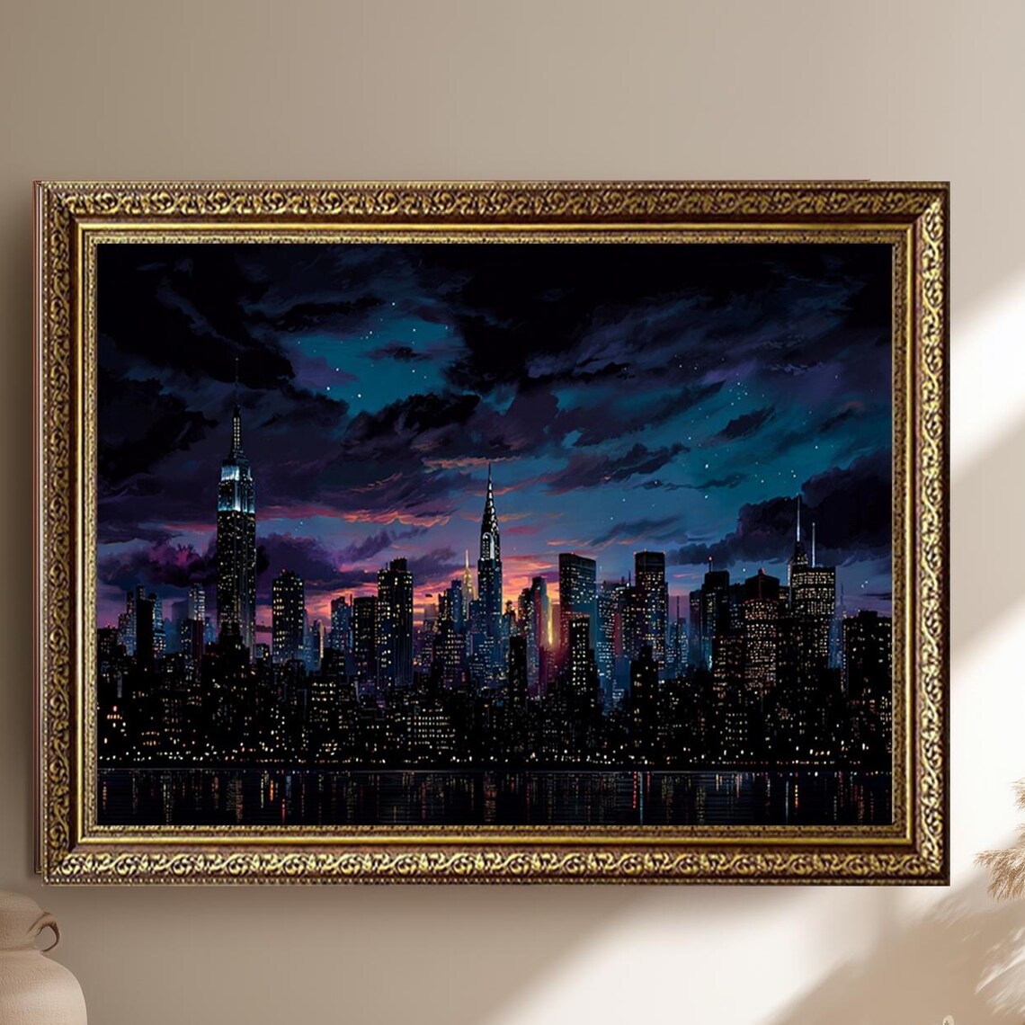 New York City Skyline Night Empire State Chrysler Painting Poster
