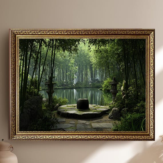 Tranquil Zen Bamboo Garden Pond With Stone Lanterns View Poster
