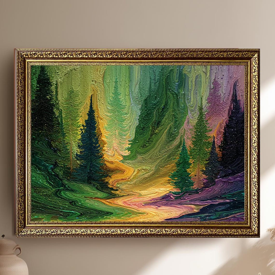 Abstract Forest Path in Green Yellow and Purple Swirl Impasto Poster