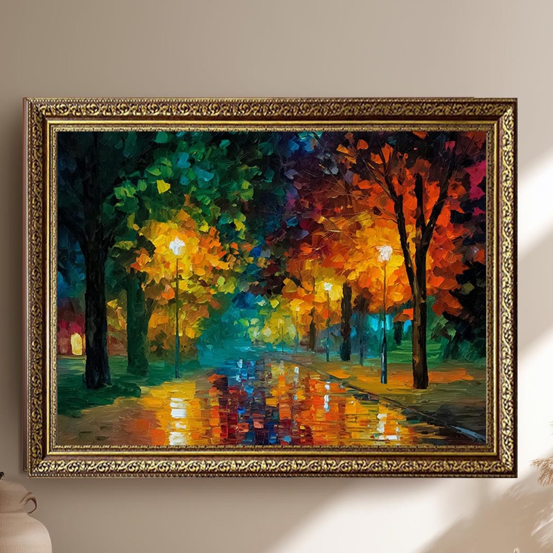 Rainy Park Night Impressionist Streetlights Reflections Art Poster