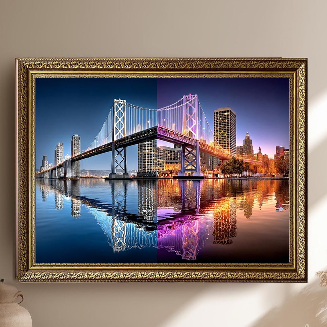 Bay Bridge Day and Night Split Scene San Francisco Skyline Poster