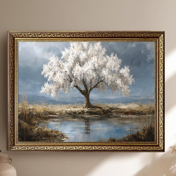 White Blossom Tree Canvas Wall Art Peaceful Nature Landscape Print Tranquil Reflection Artwork Serene Countryside Home Decor