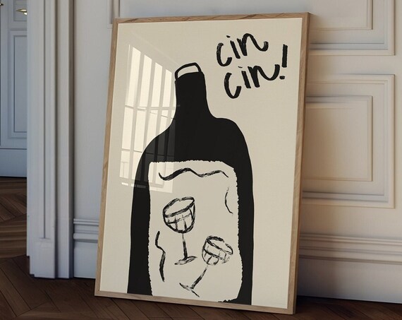 Retro Cin Cin Black Wine Bottle With Glasses Bar Decor Poster