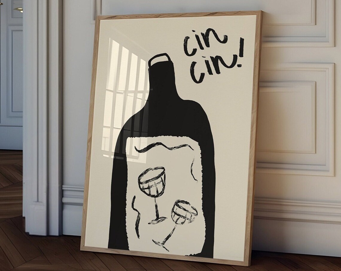 Retro Cin Cin Black Wine Bottle With Glasses Bar Decor Poster
