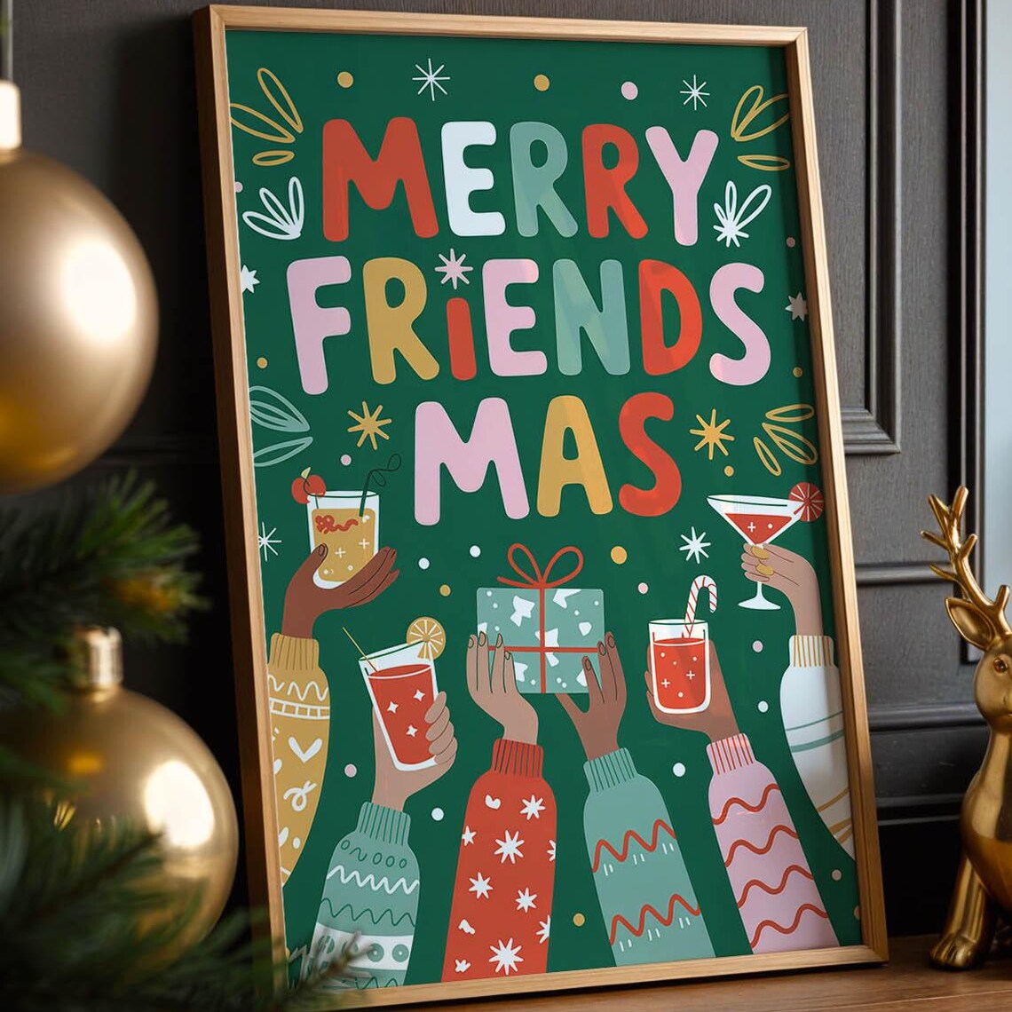 Merry Friendsmas Poster, Fun Christmas Party Decor