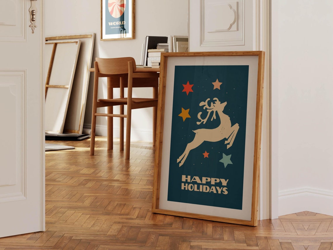 Happy Holidays Leaping Reindeer Navy Christmas Starry Night Poster