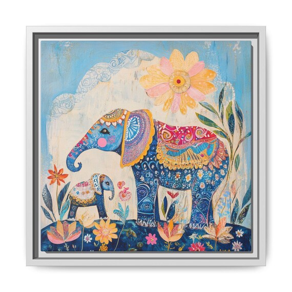 Blue Decorated Elephants Mother And Baby Floral Nursery Art Poster
