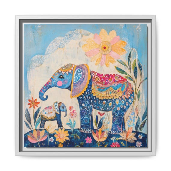 Whimsical Nursery Print Wall Art Boho Decor Floral Elephant Painting Multicolor Kids Room