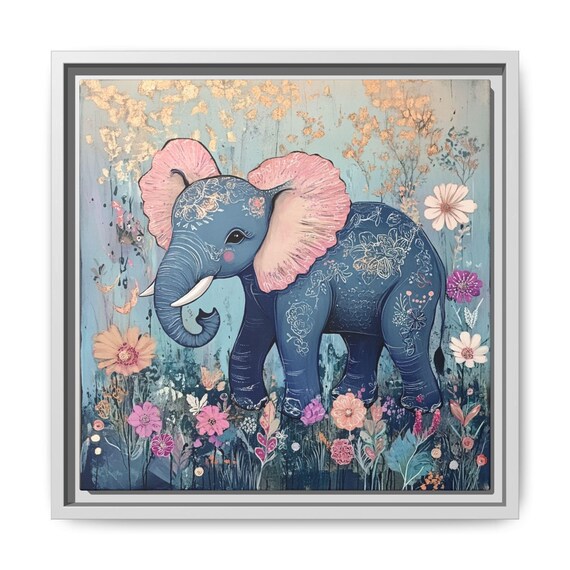 Blue Baby Elephant with Pink Ears Among Floral Meadow Nursery Print