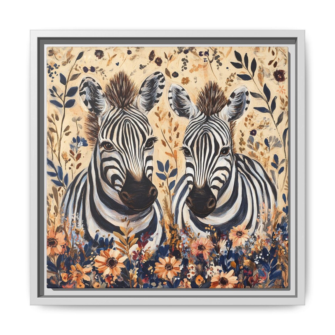 Two Sweet Zebras Among Wildflowers Warm Boho Safari Nursery Kids Poster