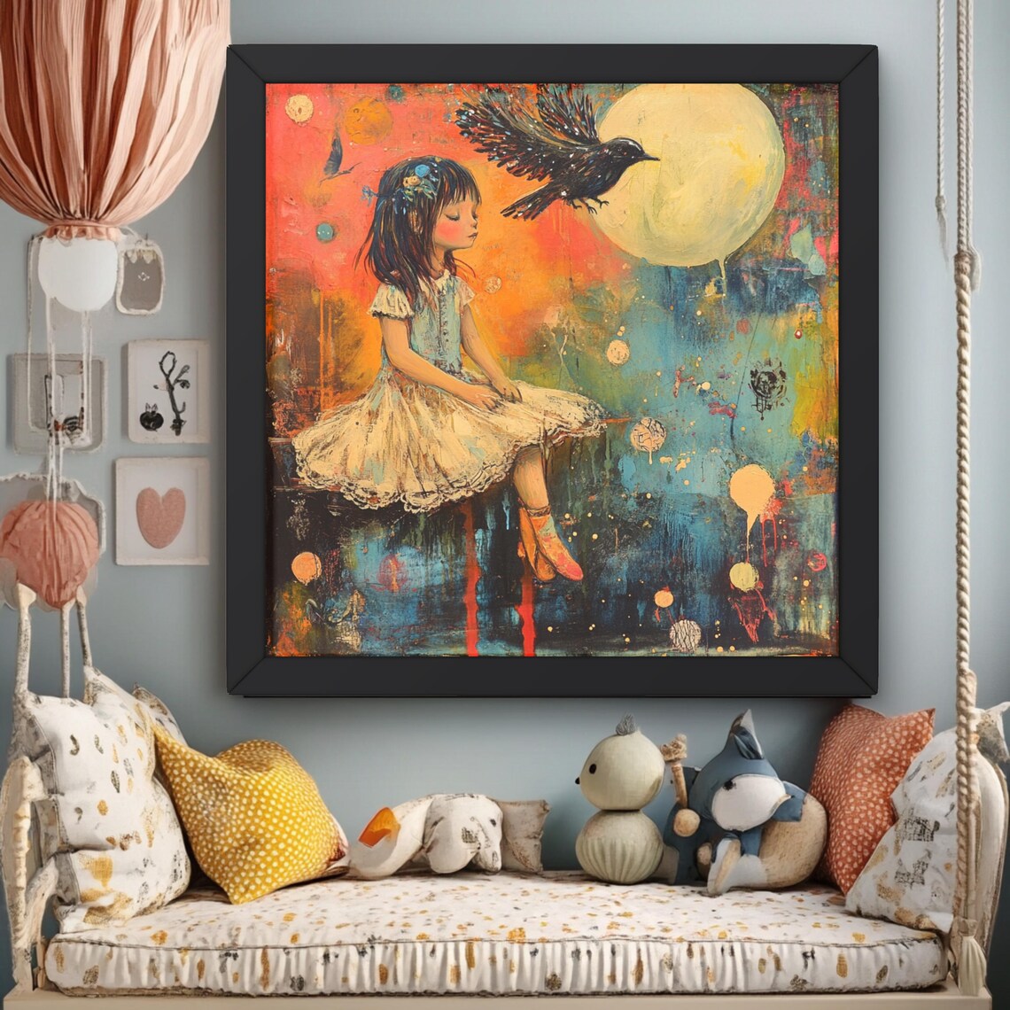 Vintage Abstract Bird And Girl, Nursery Decor