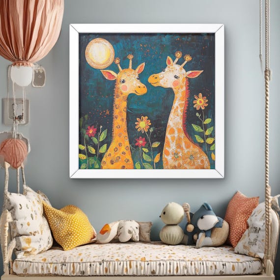 Whimsical Nursery Print Wall Art Boho Decor Floral Giraffe Painting Multicolor Safari Kid Room