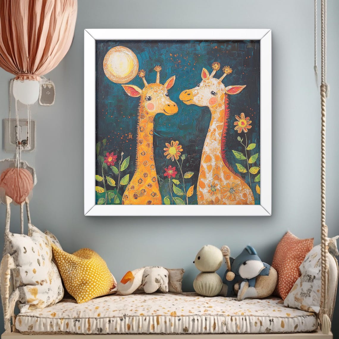 Two Giraffes Under The Moon Starry Night Nursery Kids Decor Poster