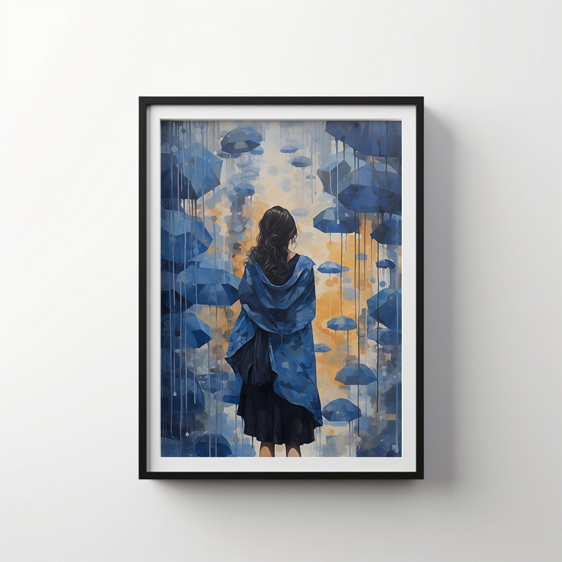 Raindance in Indigo Woman Walking Under Floating Umbrellas Poster