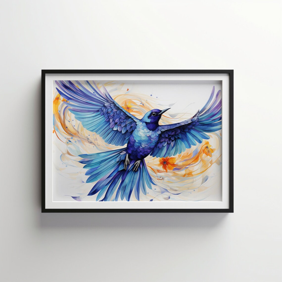 Blue Bird in Flight Among Golden Swirls Watercolor Bird Art Poster
