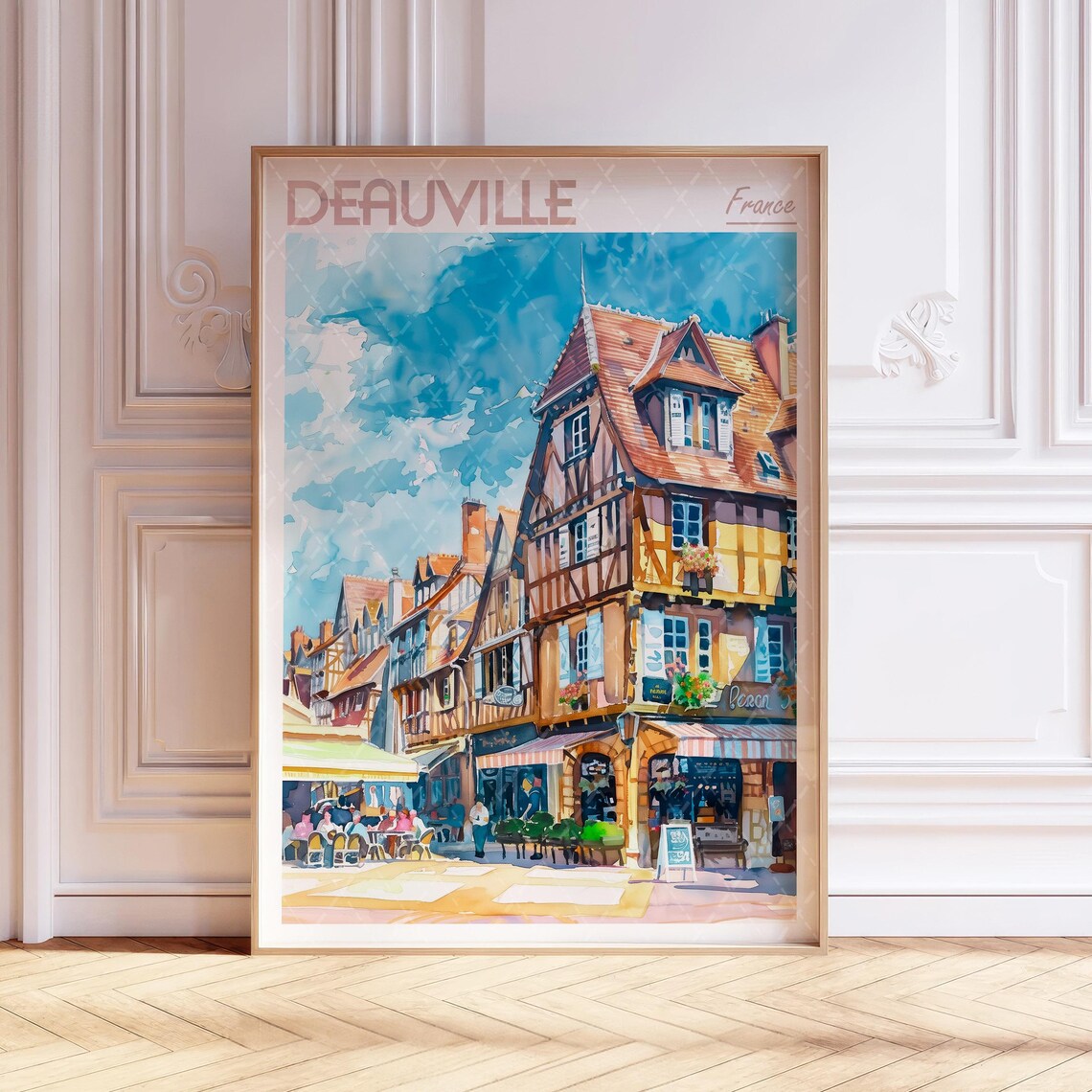 Deauville France Half Timbered Old Town Watercolor Travel Poster