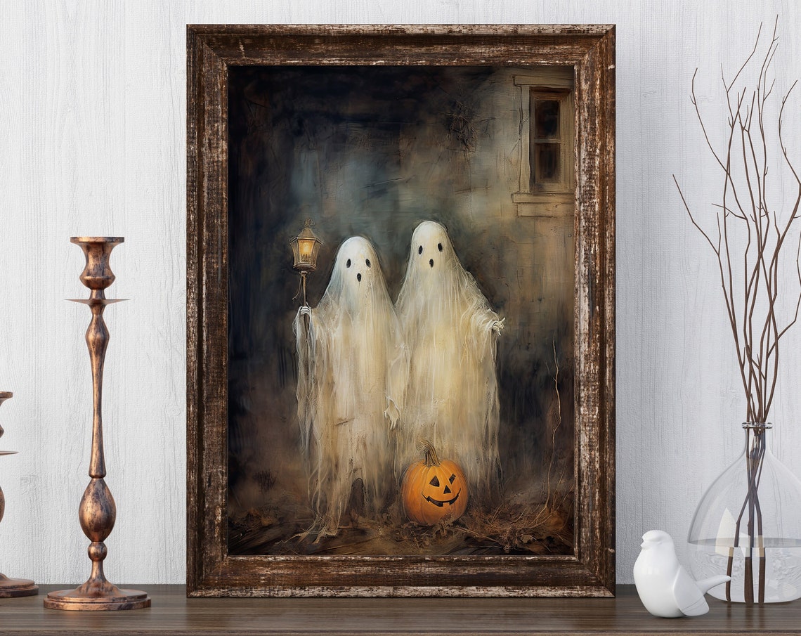 Two Cute Sheeted Ghosts with Lantern Vintage Halloween Art Poster