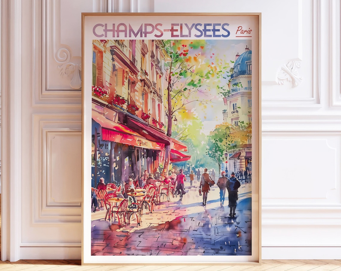 Champs Elysees Paris Street Cafe Terrace Watercolor Travel Poster