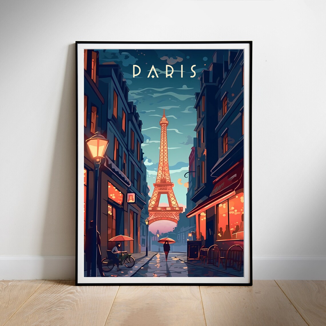 Paris France Eiffel Tower Night Rainy Cobblestone Street Travel Poster