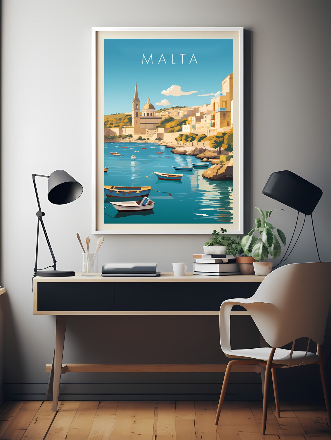 Malta Harbor Colorful Fishing Boats Coastal Town Retro Travel Poster - Image 2