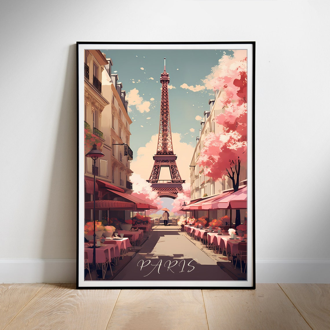 Paris Eiffel Tower Spring Cafe Blossom Street Romantic Travel Poster
