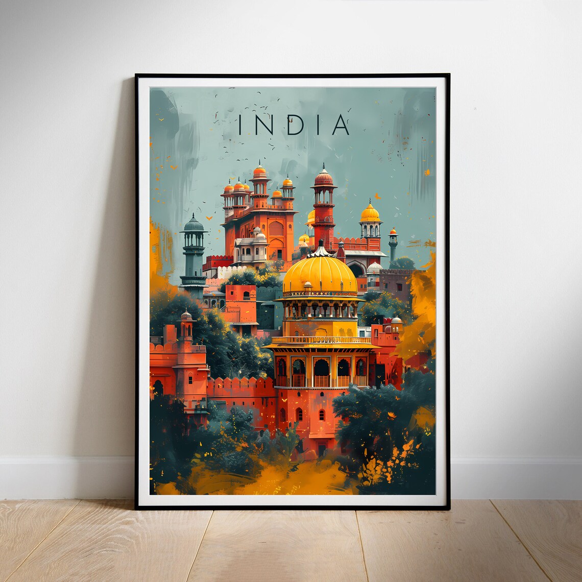 India Golden Royal Palace Domes at Sunset Retro Travel Poster - Image 2