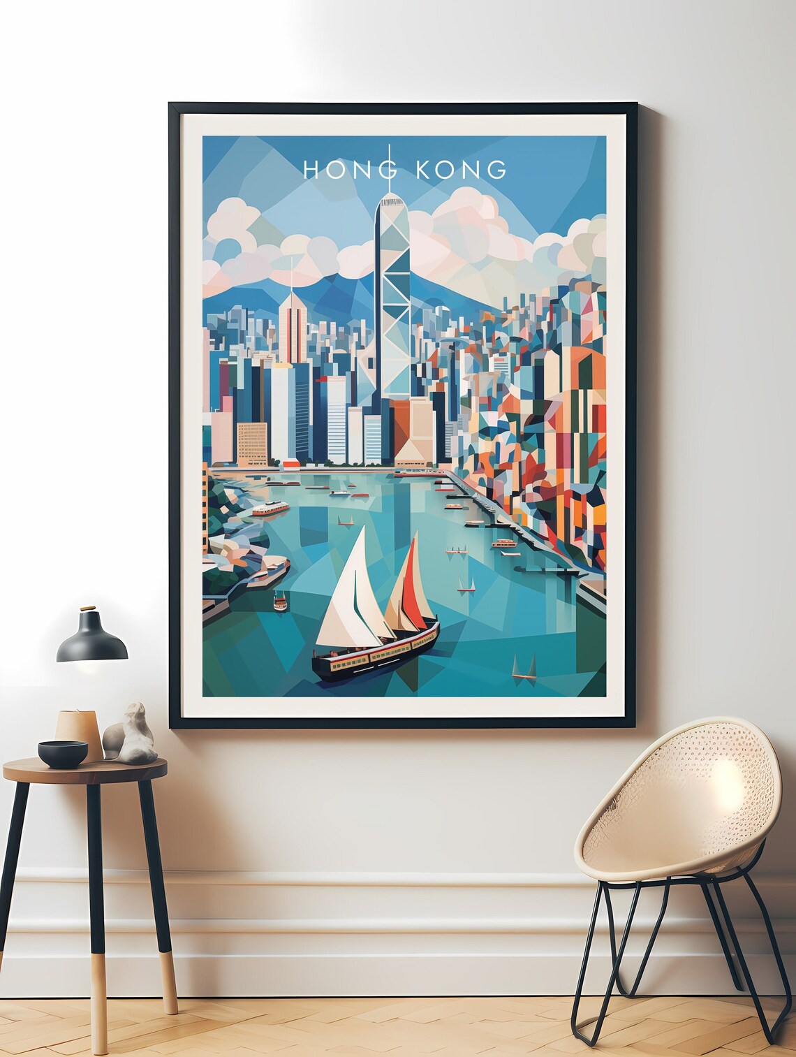 Hong Kong Victoria Harbour Geometric Skyline Sailboat Travel Poster - Image 2