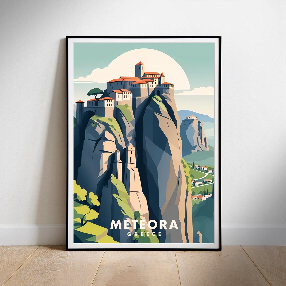 Meteora Greece Cliff Monastery Majestic Rock Pillar Travel Poster