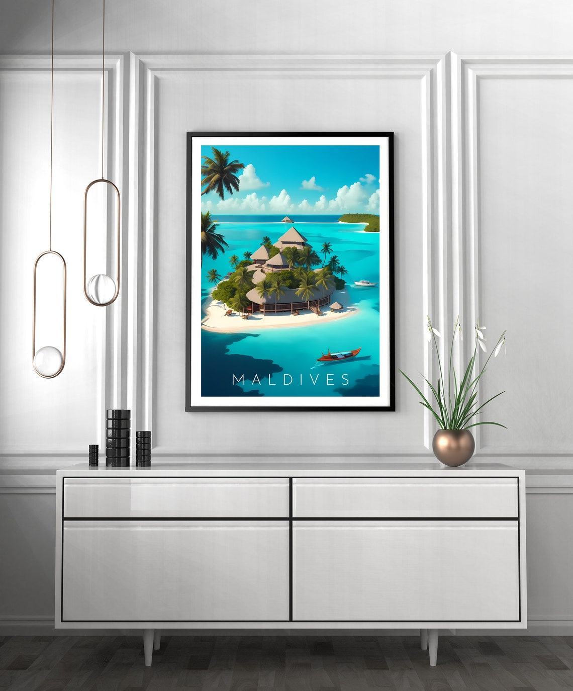 Maldives Tropical Island Overwater Huts Turquoise Ocean Travel Poster - Image 2