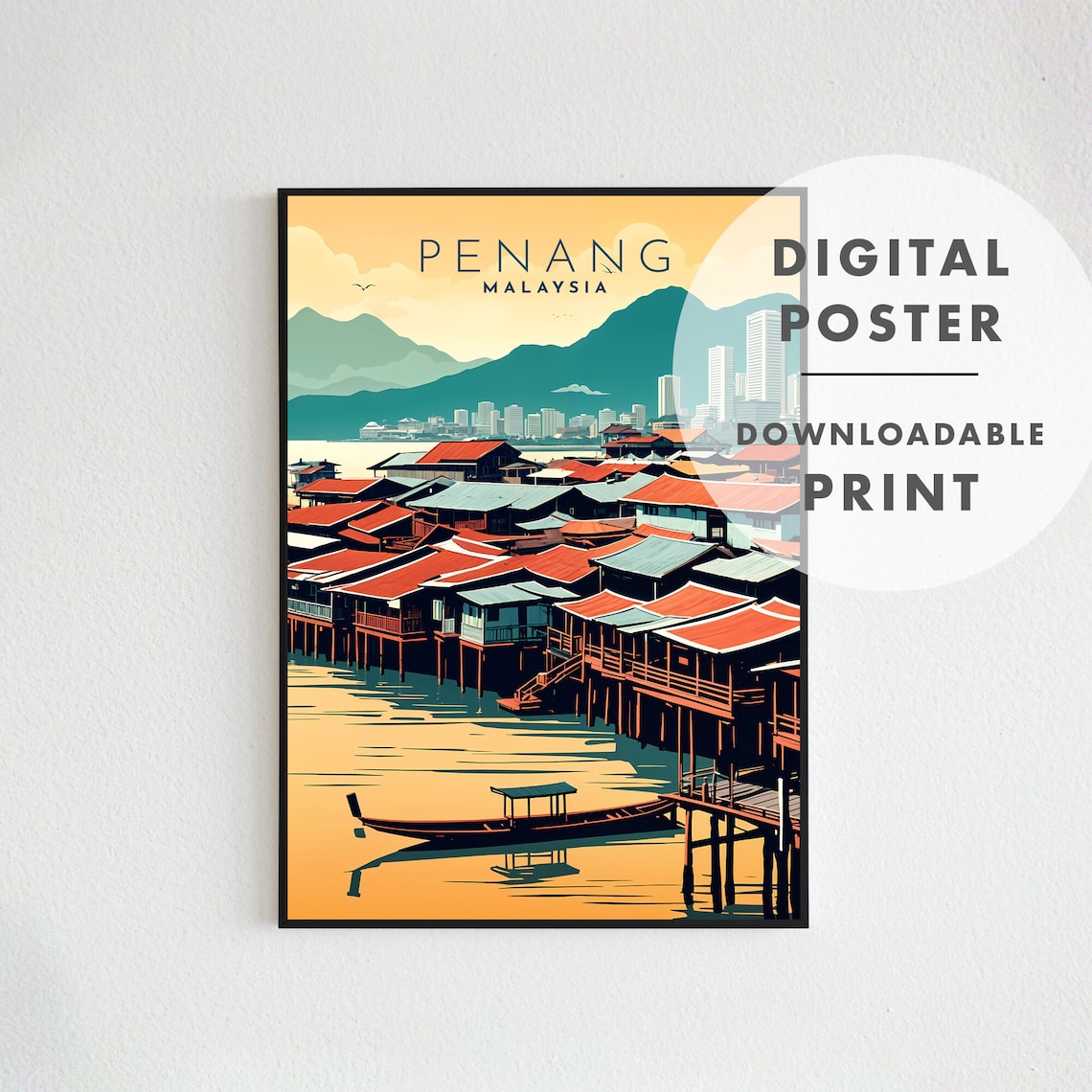 Penang Malaysia Stilt Houses Waterfront Retro Asia Travel Poster - Image 2