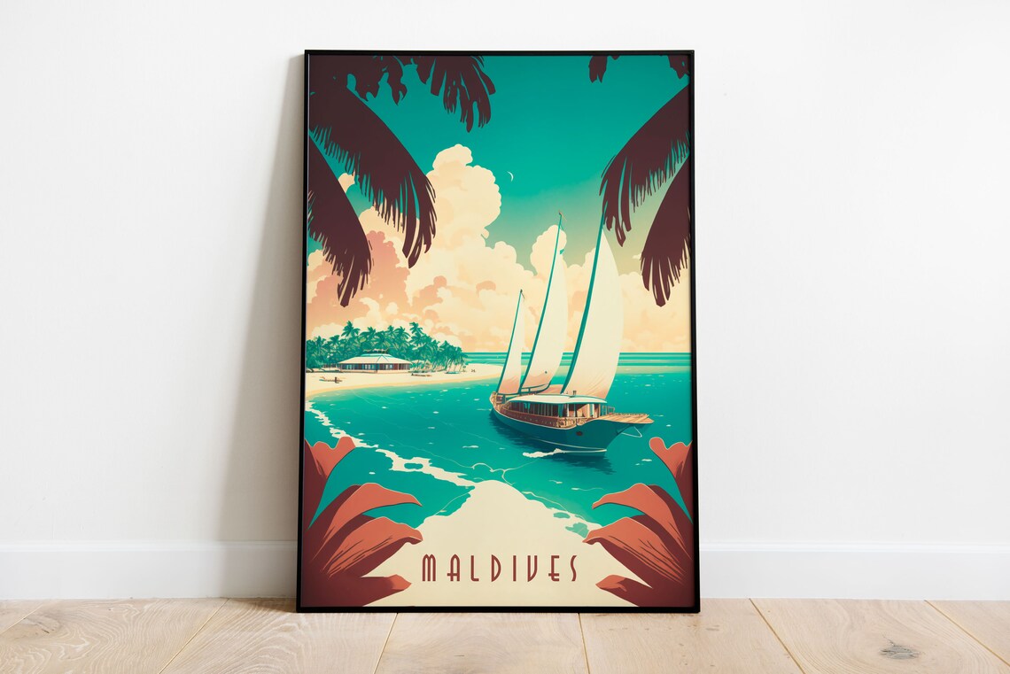 Maldives Sailboat Turquoise Beach Island Art Deco Travel Poster - Image 3