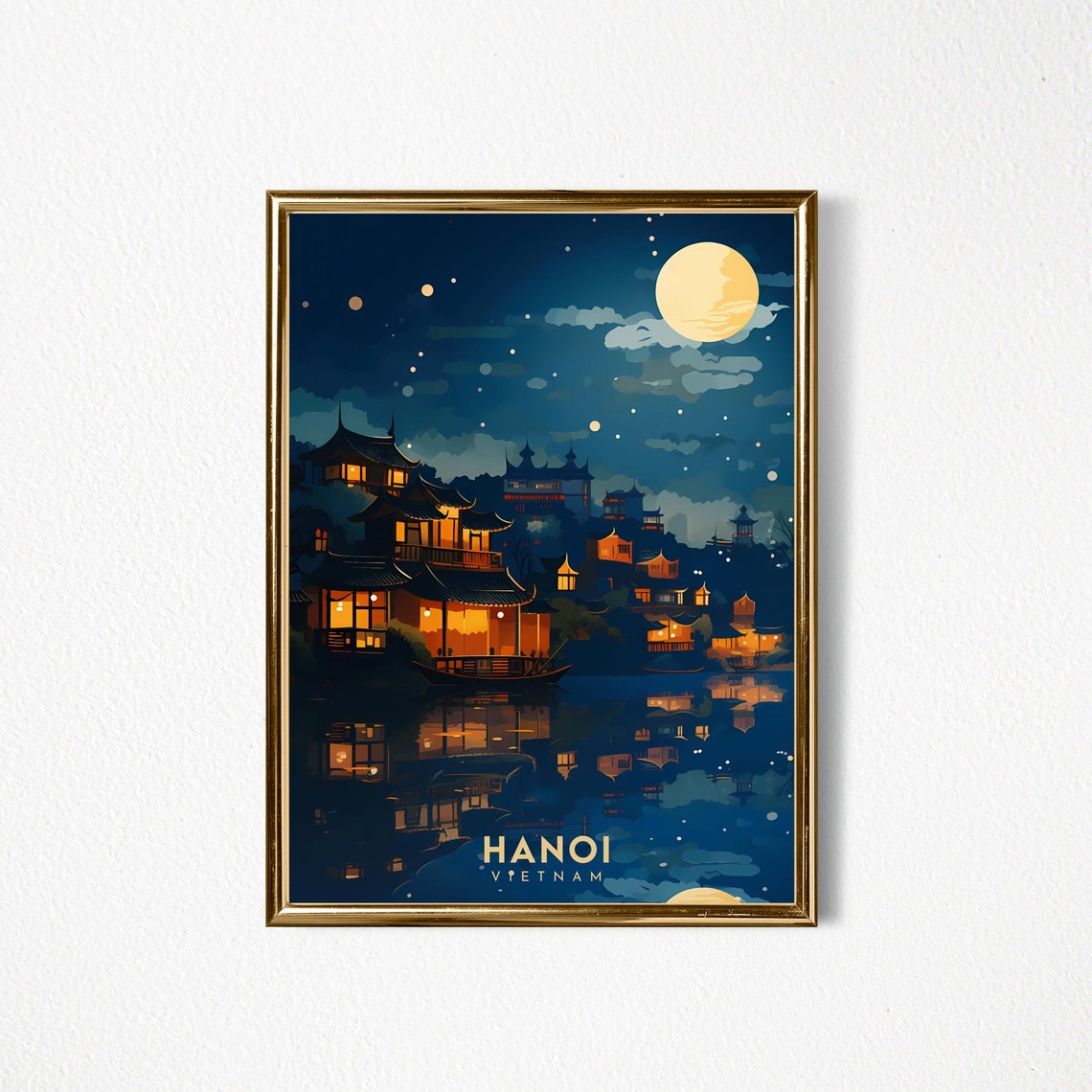 Hanoi Vietnam Night Moonlit Riverside Temples Retro Travel Poster - Image 2