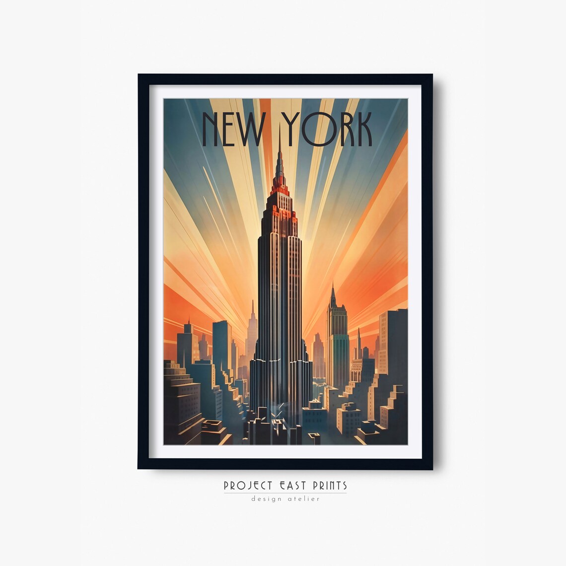 New York Empire State Building Art Deco Sunburst Travel Poster