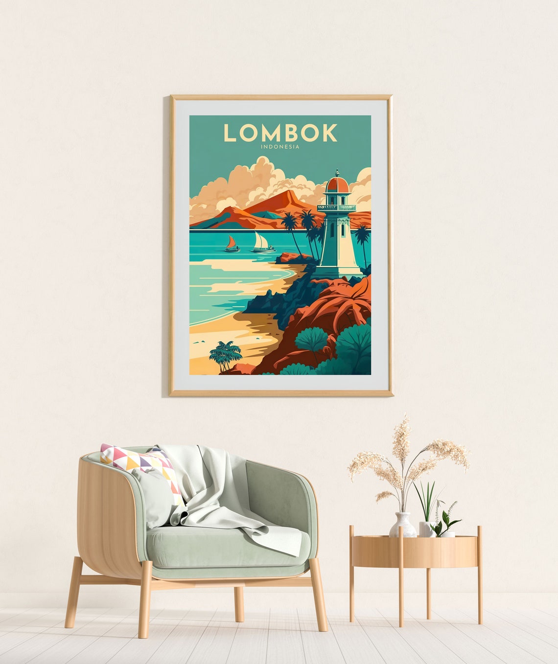Lombok Indonesia Lighthouse Beach Sunset Vintage Travel Poster - Image 2