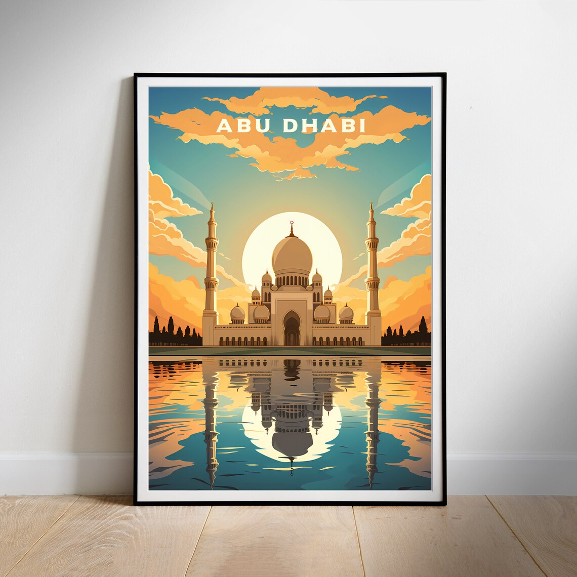 Abu Dhabi Grand Mosque Sunset Water Reflection Travel Poster