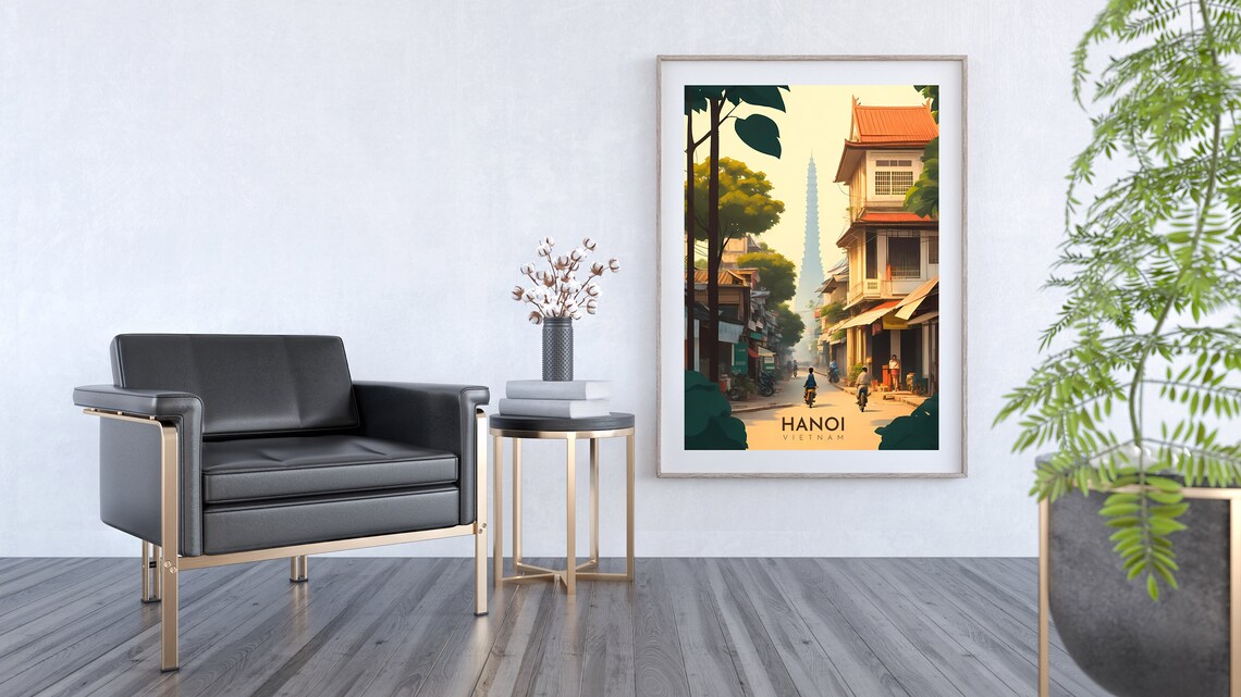 Hanoi Vietnam Old Town Street Scooters Pagoda Retro Travel Art Poster - Image 2