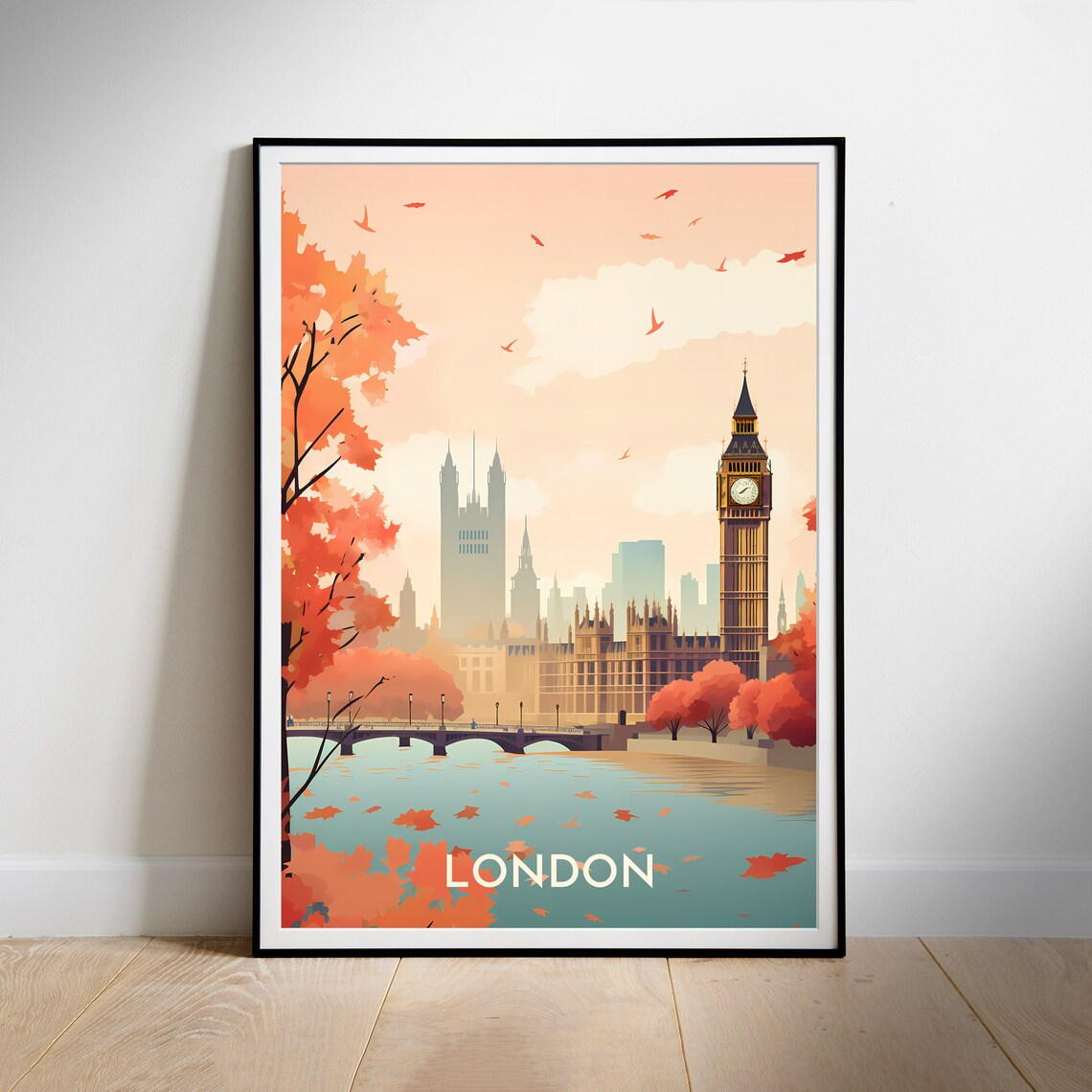 London Big Ben Autumn Riverside Thames Fall Foliage Travel Poster